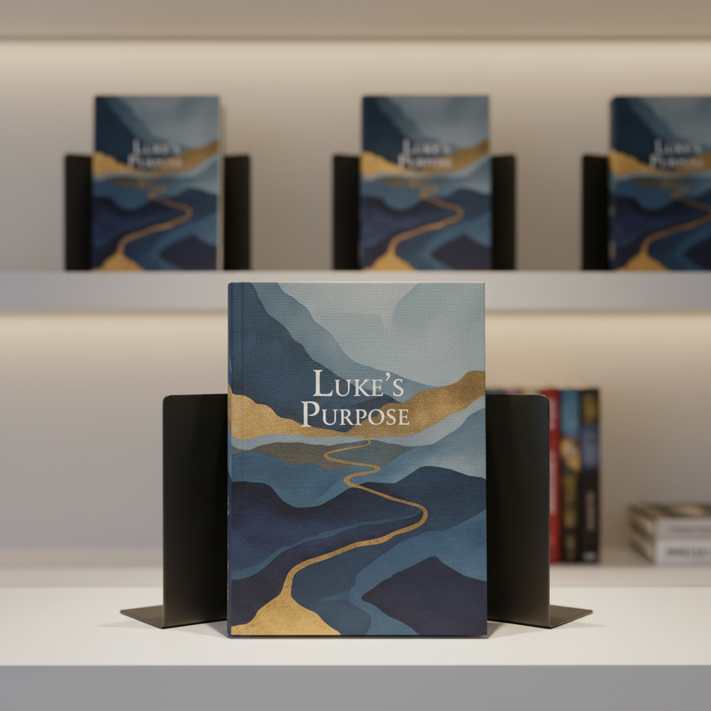 A close-up of a single copy of “Luke’s Purpose” standing upright on a minimalist white shelf, flanked by simple geometric bookends in matte black metal. The cover is designed with abstract shapes and muted blues and golds, evoking depth and inner journey without any text being legible. In the softly blurred background, another shelf holds a few more copies, subtly suggesting growing interest and Amazon-style promotion. Clean studio lighting from above and slightly to the right creates crisp edges and soft, professional shadows. Photographic realism, centered composition, sharp focus on the main book, modern and curated mood suited for a featured book section.