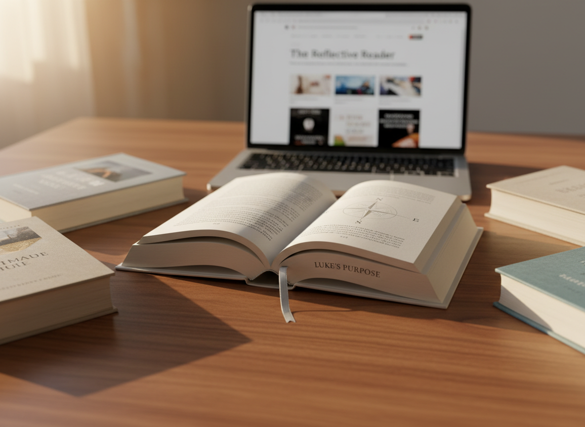 A hardback novel titled “Luke’s Purpose” lying open on a smooth walnut desk, its cream pages slightly curved, a silver ribbon bookmark resting between chapters. Around it, several other closed books with neutral, modern dust jackets hint at related stories. A sleek laptop sits in the background with its screen softly blurred, suggesting an active book blog. Late afternoon natural light pours in from an unseen window to the left, casting warm, elongated shadows and gentle highlights along the book’s spine. Photographic realism, eye-level composition, shallow depth of field, calm and professional atmosphere ideal for a homepage hero image about reflective reading and discussion.